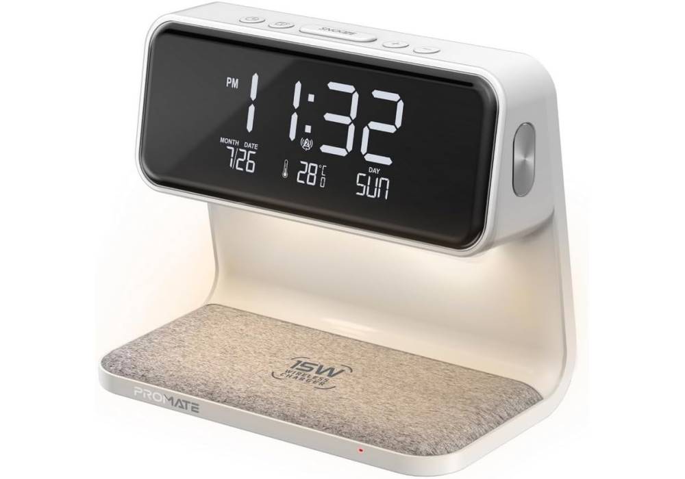 Promate Lumix-15W, 3-in-1 Digital Alarm Clock with 15W Wireless Charger, Dual Alarm, Nap Function, LED Display 3 Night Light Modes, iPhone, Galaxy