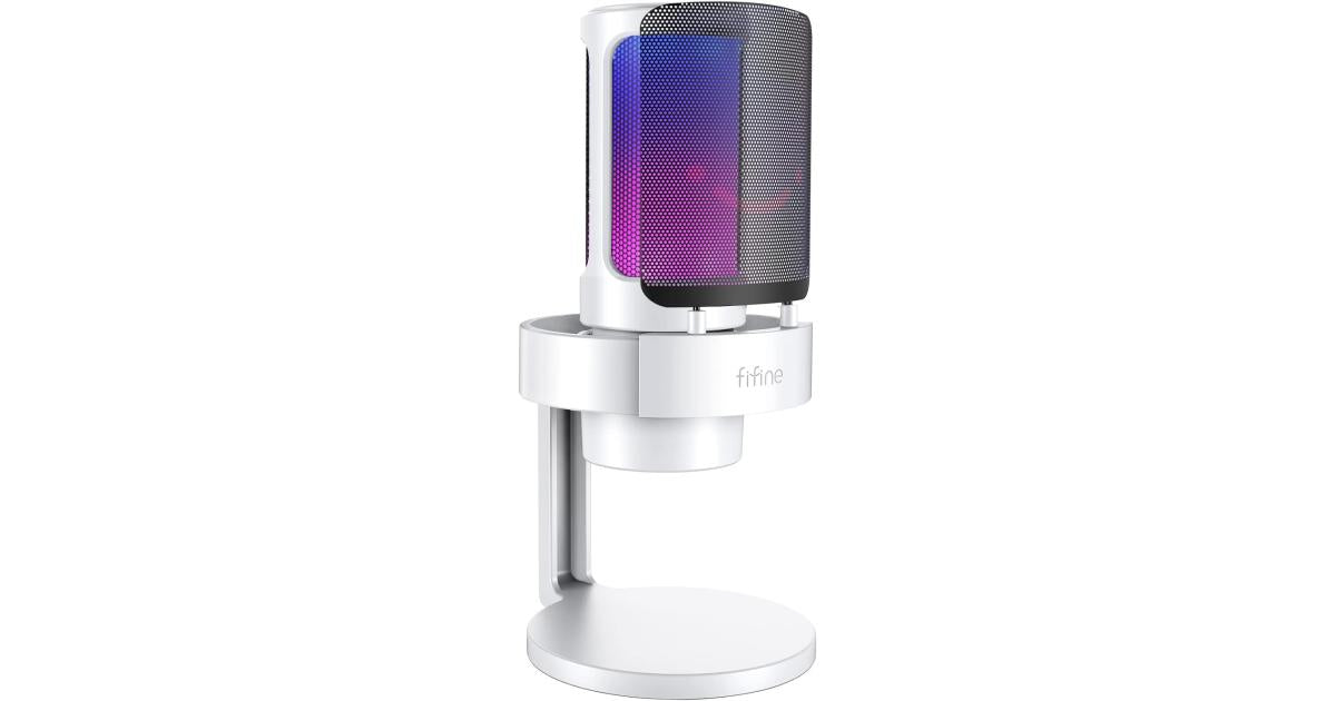 Fifine Ampligame A8 Usb Mic With Controllable Rgb, Live Monitoring, Input Dial, Pop Filter For Streaming - White