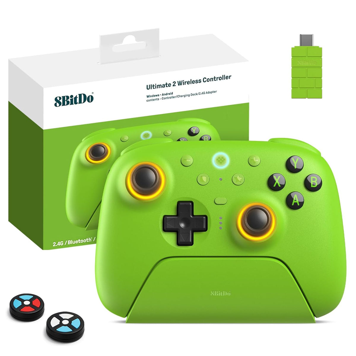 8Bitdo Ultimate 2 Wireless 2.4G Controller (TMR Joystick Update), Star-Ring RGB Lights, Adjustable Trigger Locks, Gamepad with Charging Dock for Windows PC, Android (Green)