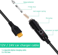 12V/24V XT60 Car Charging Cable Replacement for Ecoflow Delta/River Bluetti EB55 Anker 757/767 Portable Power Station and Solar Generators (with 2 x Fuse)
