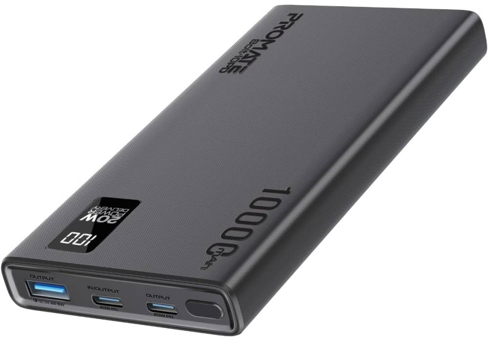 Promate Universal 10000mAh Ultra-Slim Power Bank, with 20W USB-C Input/Output Port, QC 3.0 Output, USB-C Ports, LCD Screen and Over-Heating Protection for Smartphones and Tablets, Bolt-10PD