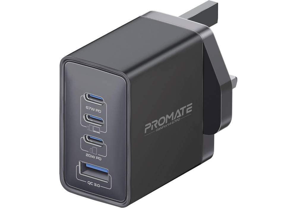 Promate 67W USB-C GaN Wall Charger, Ultra-Compact Dual USB-C Power Delivery Laptop Charger with 22.5W Qualcomm QC 3.0 Port, 20W Type-C GaNPort4-67PD Black