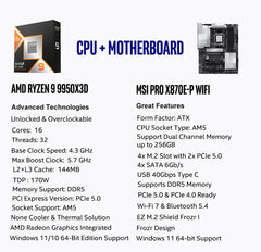 AMD Ryzen 9 9950X3D CPU Processor with MSI PRO X870E-P WiFi Motherboard (ATX, AM5, DDR5, PCIe 5.0 x16, M.2 Gen5, Wi-Fi 7)
