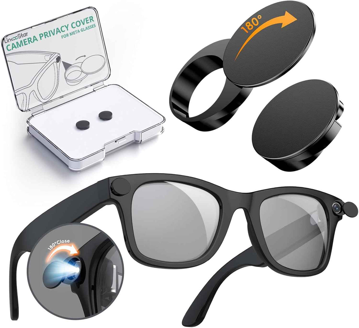 2 Pcs 180° Rotating Privacy LED Light Blocking Cover for Ray-Ban Meta Wayfarer/Skyler/Headliner (Gen 2) & Oakley Meta HSTN Smart Glasses Accessories, Reusable Blackout Webcam Covers