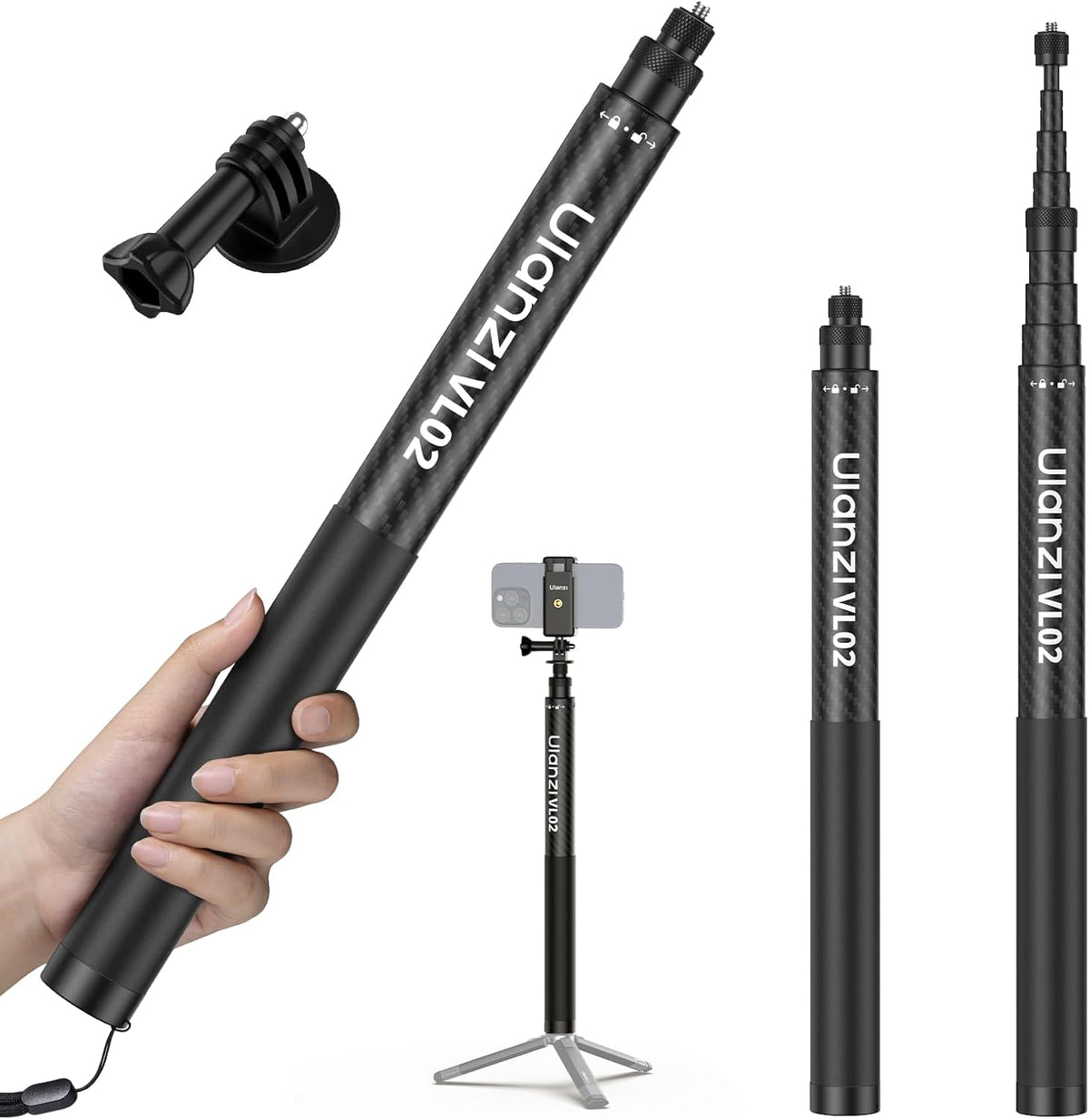 2.7m 8.86ft Carbon Fiber Extended Edition Invisible Selfie Stick for Insta360 X5/X4/X3/GO 3S/ONE X2/DJI Osmo 360, ULANZI VL02 Extension Pole Waterproof Handle Grip for GoPro, Phone and More