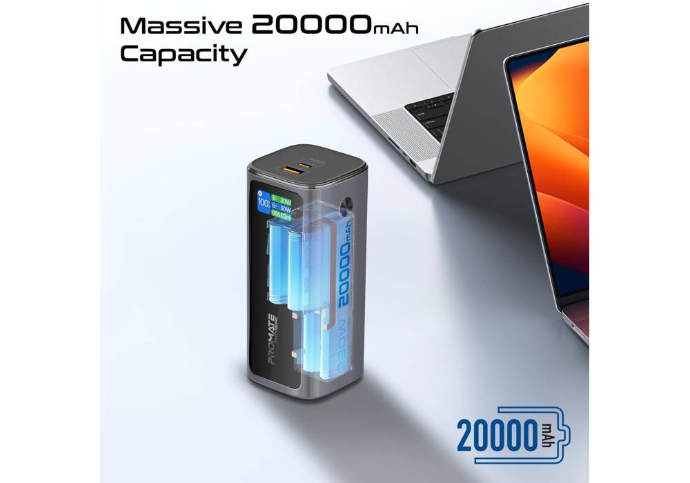 Promate Ultra-Fast 130W Portable Charger, Power Bank With 20000mAh Battery Capacity, PD100W USB-C Input & Output, Retractable USB-C Cable, QC 3.0 USB-A, Charge Protection, Built-in Mobile Stand, Titan-130RC