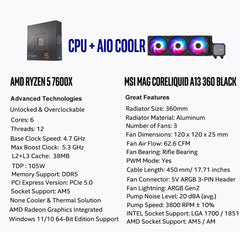 CPU AIO Combo - AMD Ryzen 5 7600X Processor with MSI MAG Coreliquid A13 360 AIO ARGB CPU Liquid Cooler 360mm Radiator LGA 1700/1851 / AM5/ AM4 Compatible
