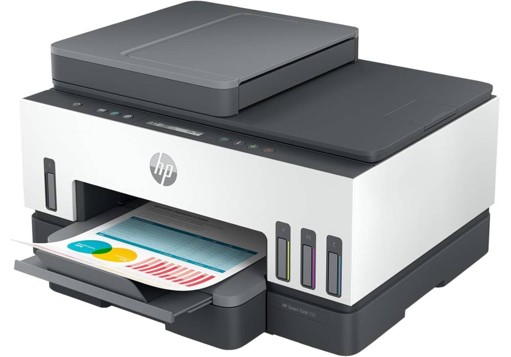 HP Smart Tank 750 All-in-One Printer Wireless, Print, Scan, Copy, Auto Duplex Printing, Auto Document Feeder, Print up to 18000 black or 8000 color pages, White/Grey