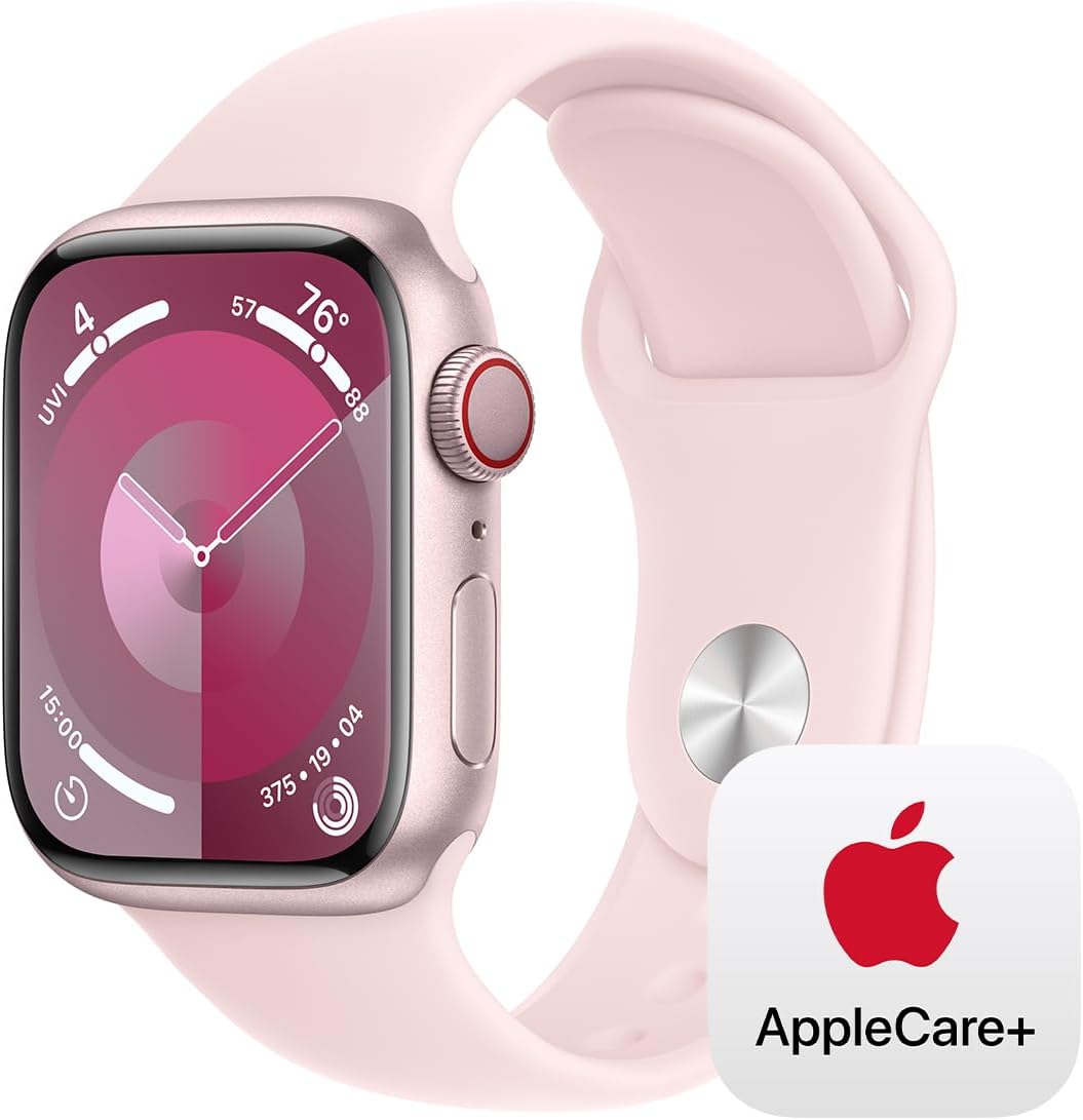 Apple Watch Series 9 [GPS + Cellular 41mm] Smartwatch with Pink Aluminum Case with Pink Sport Band S/M. with AppleCare+ (2 Years)