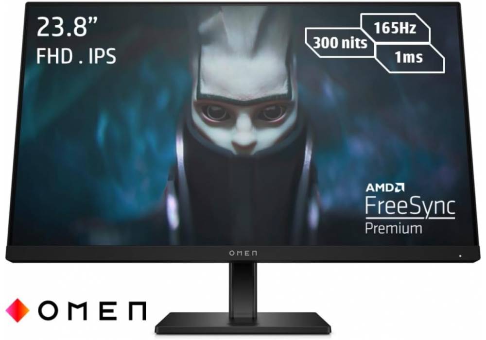 HP OMEN 24 Gaming Monitor, 23.8 Inch, 1920 x 1080 (FHD), IPS, Flat, 165Hz, 1ms, 300 nits, 99% sRGB, 1000:1, FreeSync Premium, DisplayPort and 2x HDMI 2.0, Eyesafe certified, Black - 780D9AS