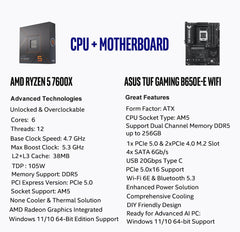 AMD Ryzen 5 7600X CPU Processor Bundle with ASUS TUF Gaming B650E-E WiFi AM5 ATX Motherboard (DDR5, PCIe 5.0 Ready, 3X M.2, Wi-Fi 6E, USB 20Gbps Type-C)