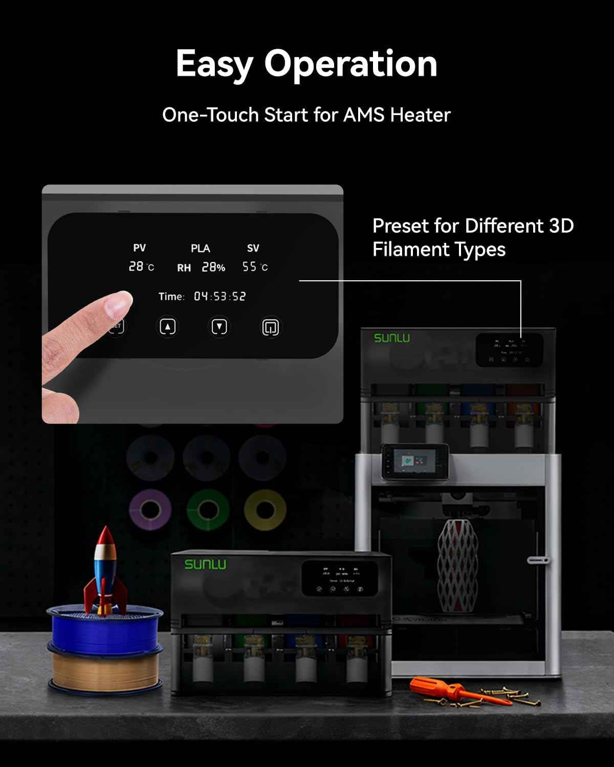 AMS Heater, Compatible with Bambu lab AMS Gen 1 – Enables Simultaneous Printing & Drying, Easy Installation, Fast Heating to 70°C, 4-Spool Capacity Filament Dryer