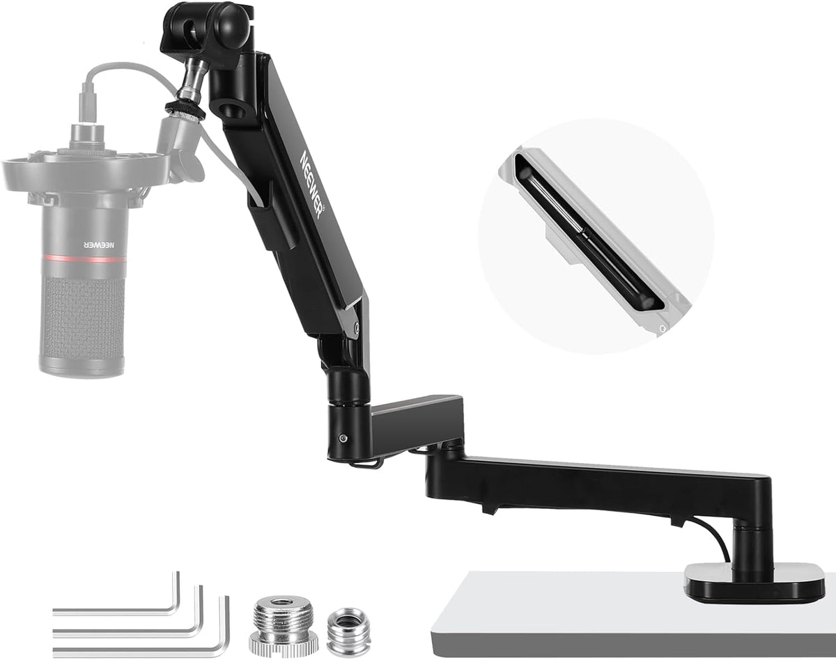 Low Profile Mic Arm Desk Mount, 360° Swivel Boom Arm with Pneumatic Damping Adjustable, Cable Management, Compatible with Shure MV7 SM7B Blue Yeti Gaming Streaming Podcast Microphone, MS002