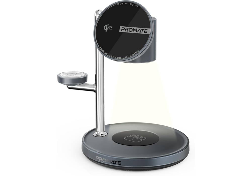 Promate Synergy-3 4-in-1 Qi2 Certified MagSafe Charging Station, 15W Wireless for iPhone 12–16, Apple/Samsung Watch, AirPods, w/Night Lamp, Magnetic Ring, Zinc Alloy, 25.5W Total Output
