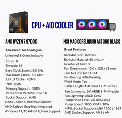 CPU AIO Combo - AMD Ryzen 7 9700X Processor with MSI MAG Coreliquid A13 360 AIO ARGB CPU Liquid Cooler 360mm Radiator LGA 1700/1851 / AM5/ AM4 Compatible