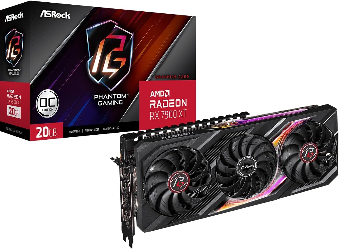 AMD Radeon™ RX 7900 XT Phantom Gaming 20GB OC Graphics Card 320 Bit 7680 x 4320 0dB Silent Cooling 3 x DisplayPort™ 2.1 GDDR6 1 x HDMI™ 2.1 20Gbps PCI Express 4.0