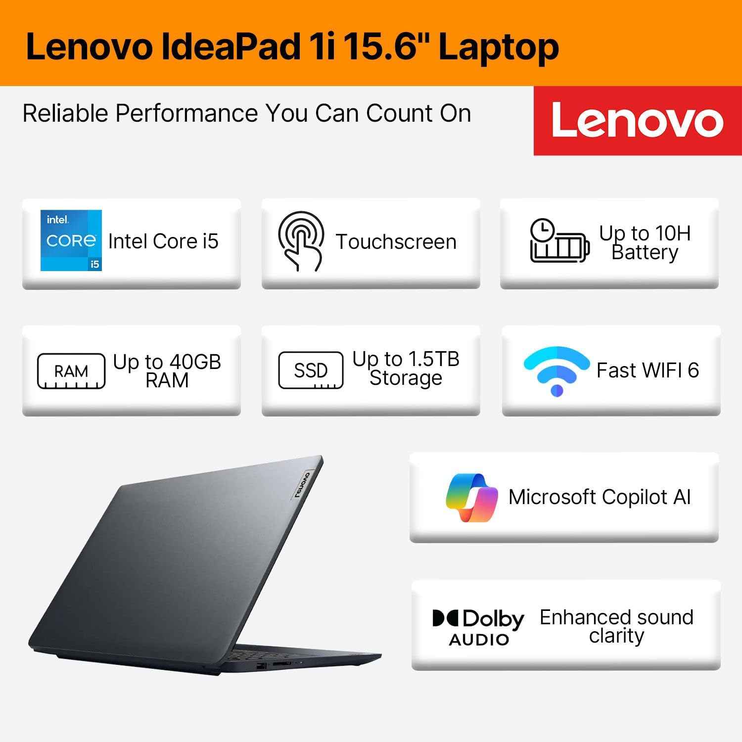 IdeaPad Business Laptop • 15.6" FHD Touchscreen Display • 2026 Edition • Intel 10-Core i5 CPU • 8GB RAM • 256GB SSD • WiFi 6 • Copilot AI • Windows 11
