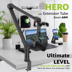 Boom Arm Mic Stand with Extension Tube Upgraded Microphone Arm for Shure SM7B MV7 Blue Yeti Sturdy Stainless Steel Mic Arm Desk Stand Foldable Scissor Arm Microphone Mount for Podcast Gaming