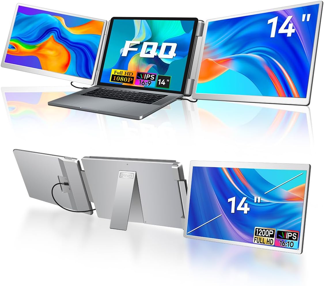 14" Laptop Screen Extender, FHD IPS Dual Screen Portable Monitor for Laptop, USB-C/HDMI Plug & Play Triple Screen Monitor Extender for 12"-16.5" Laptops, Compatible with Win and MacOS-S7,Gray