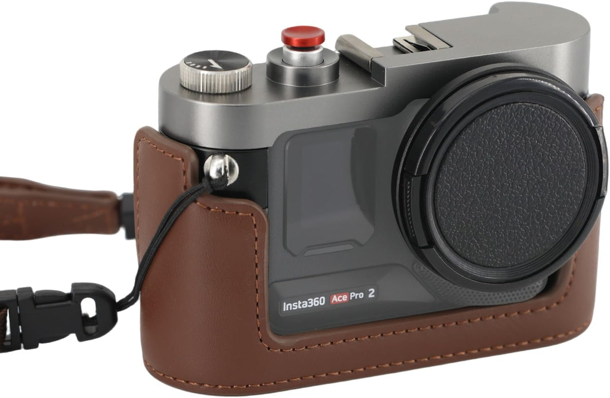 MOVMAX Vintage Camera Cage for Insta360 Ace Pro 2 with Carrying Strap, Aluminum Alloy Metal Case with Retro Soft Leather, Cold Shoe, Insta 360 Ace Pro 2 Accessories