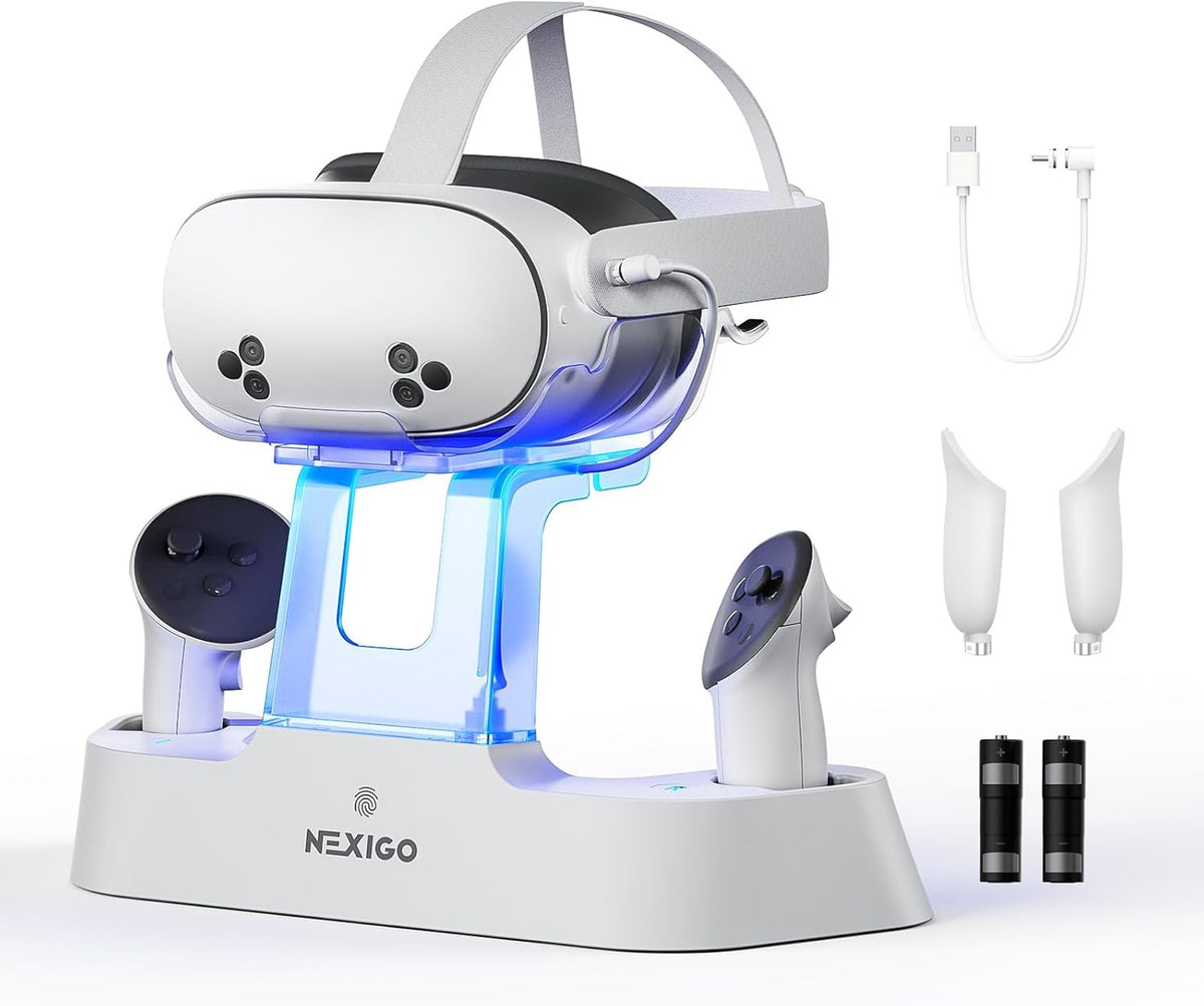 Enhanced Charging Dock for Meta Quest 3 and 3S, with LED Light [On/Off], [Support Elite Strap with Battery], Headset Display Holder and Controller Mount, Rechargeable Batteries, White