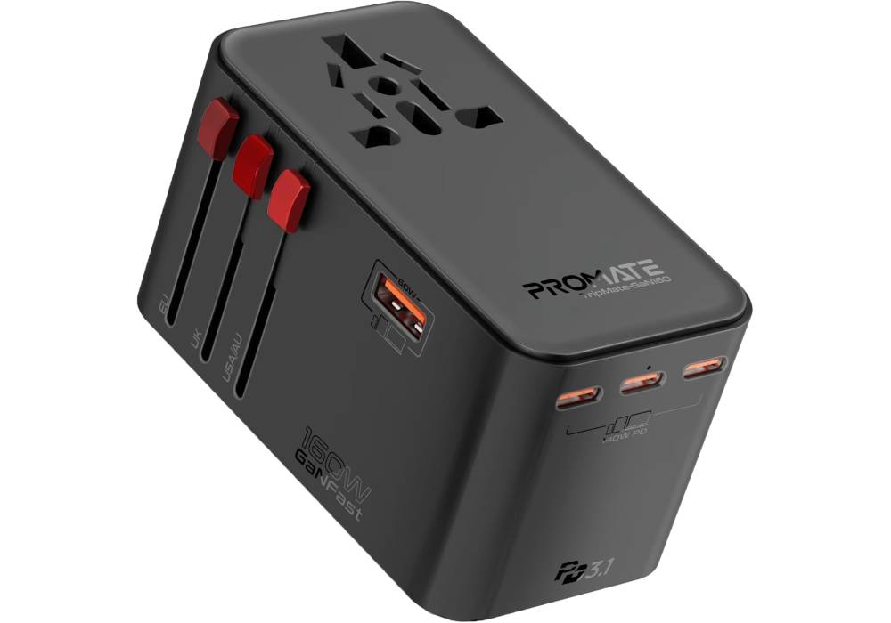 Promate iPhone 17 Travel Adapter, Universal Grounded Power Adapter with 1840W AC Socket, 20W USB-C Power Delivery Port, 15W USB-C Port, 3 USB Ports, TRIPMATE-GAN160