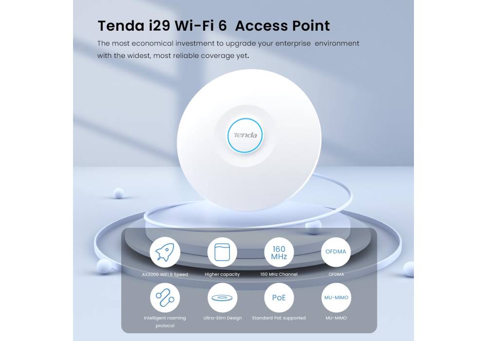 Tenda i29 – AX3000 Wi‑Fi 6 Ceiling Access Point, 3000Mbps Dual‑Band, 160MHz Bandwidth, MU‑MIMO & OFDMA, 254 Clients, 500m² Coverage, WPA3 Security, Dual Gigabit Ports, PoE 802.3at