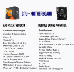 AMD Ryzen 7 7800X3D CPU Processor with MSI B850 Gaming PRO WIFI6E Motherboard (ATX, AM5, DDR5, M.2 Gen5, Wi-Fi 6E)