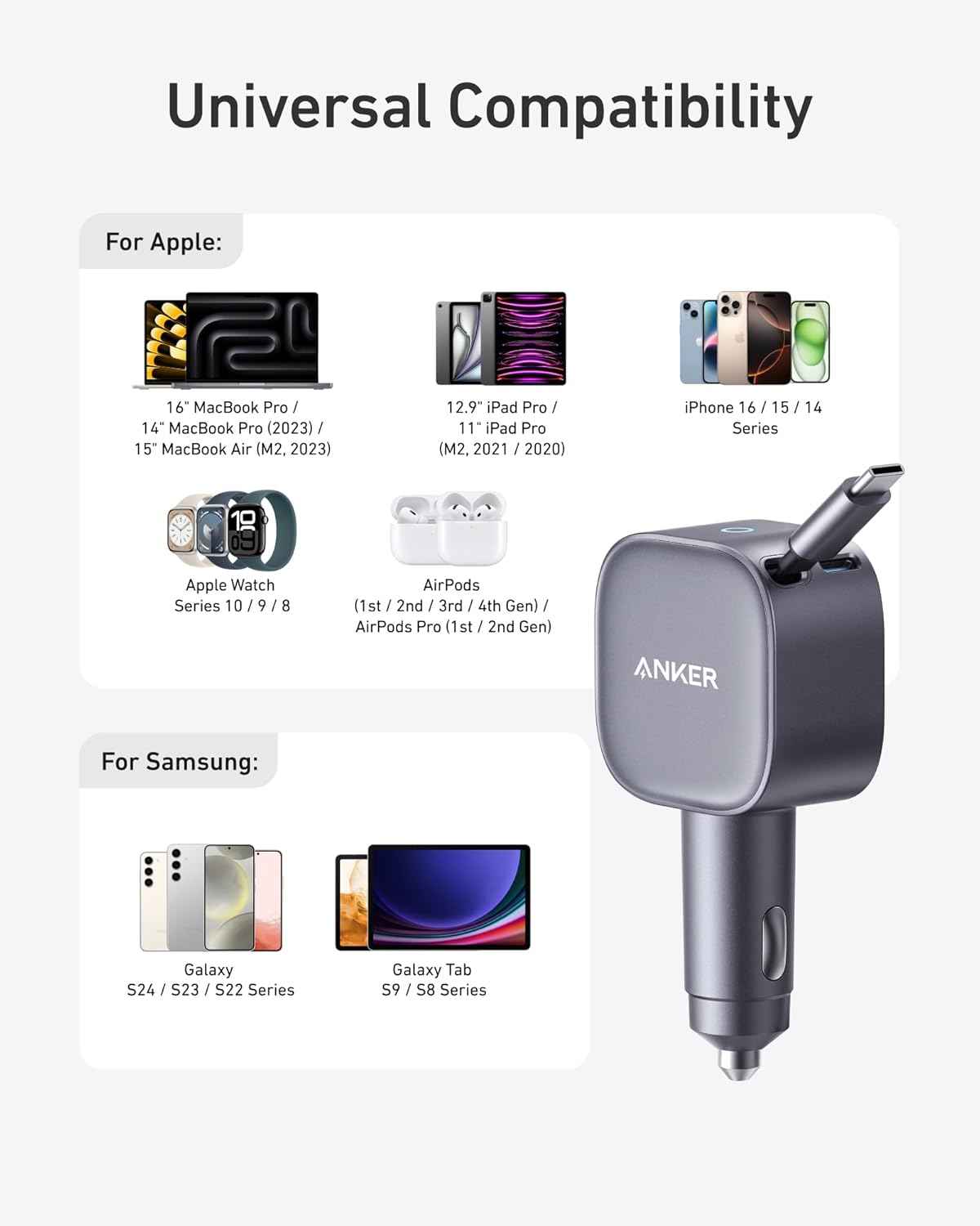 Anker Nano Car Charger (75W, USB-C Port, Built-In Retractable USB-C Cable)