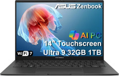 ASUS Zenbook 14 AI PC OLED Touchscreen Laptop, Intel Ultra 9 285H, 32GB DDR5, 1TB SSD, 14" FHD+, 16-Core (> i9-13900H), Backlit, 2x Thunderbolt 4, Wi-Fi 7, 18-Hr Battery, IR Webcam, Win 11 Pro, UX3405