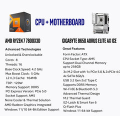 Micro Center AMD Ryzen 7 7800X3D CPU Processor with GIGABYTE B650 AORUS Elite AX ICE Motherboard (AM5, ATX, DDR5, Triple M.2, USB 3.2 Gen2X2 Type-C, WiFi 6E)