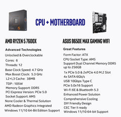 AMD Ryzen 5 7600X CPU Processor Bundle with ASUS B650E MAX Gaming WiFi AM5 ATX Motherboard (DDR5, PCIe 5.0, 3X M.2, Wi-Fi 6E)
