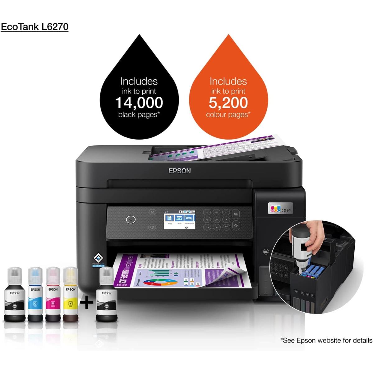 Epson Ecotank L6270 3 In 1 Office Ink Tank Printer A4 Colour Printer W/ Adf Wi Fi & Lcd Screen Black Epson Ecotank L6270 3 In 1 Office Ink Tank Printer A4 Colour Printer W/ Adf Wi Fi & Lcd Screen Black