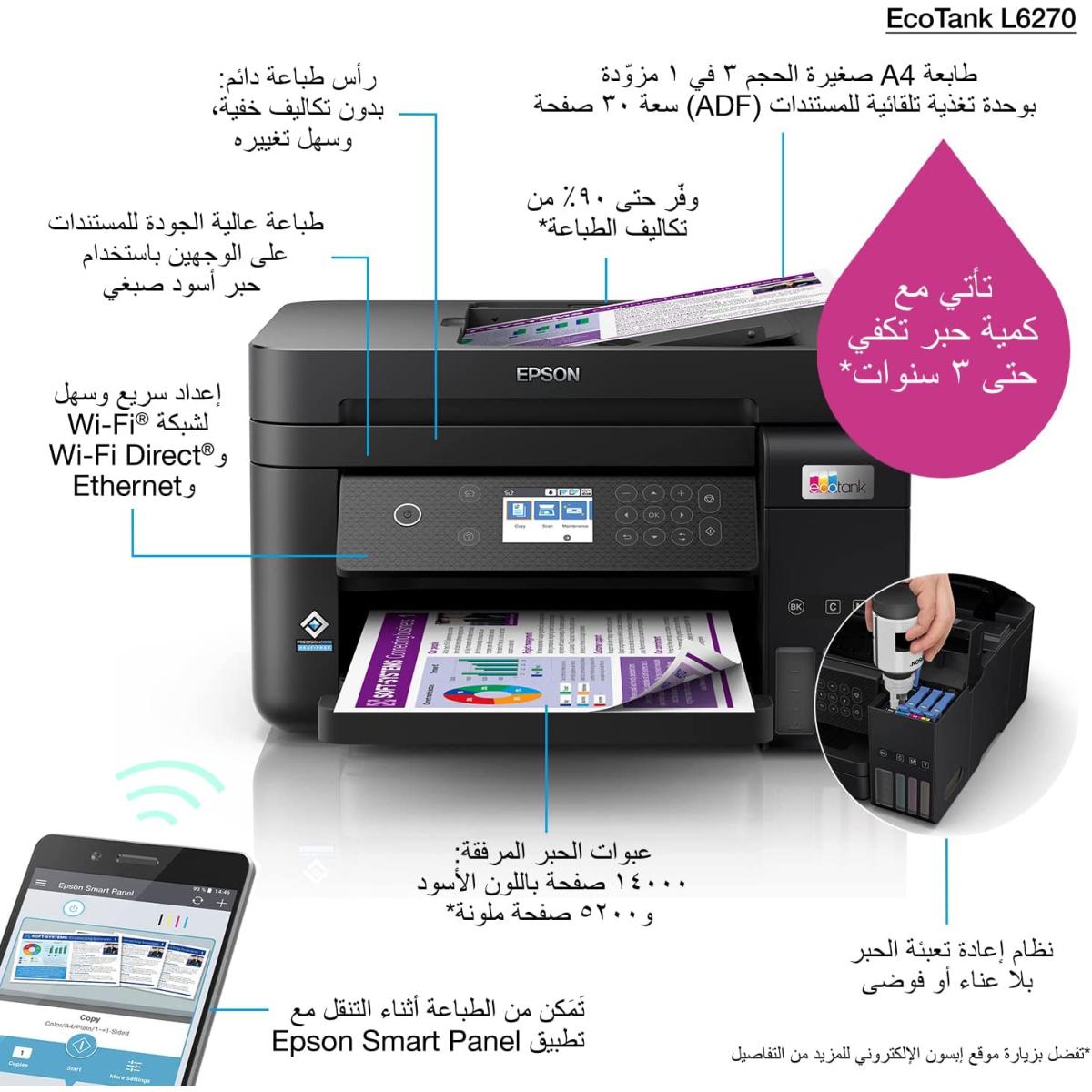 Epson Ecotank L6270 3 In 1 Office Ink Tank Printer A4 Colour Printer W/ Adf Wi Fi & Lcd Screen Black Epson Ecotank L6270 3 In 1 Office Ink Tank Printer A4 Colour Printer W/ Adf Wi Fi & Lcd Screen Black