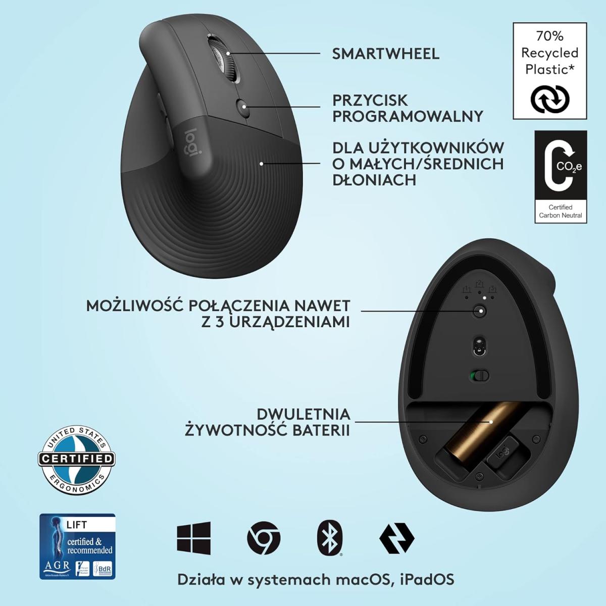 Logitech Lift Vertical Ergonomic Mouse Wireless, Bluetooth Quiet Clicks 4 Buttons for Windows/macos/ipados, Laptop, Black