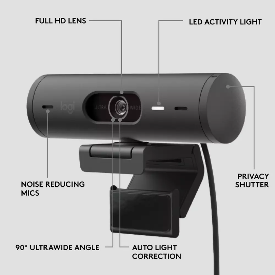Logitech Brio 500 Full HD Webcam with Auto Light Correction Dual Noise Reduction Mics Streaming -Graphite - Black
