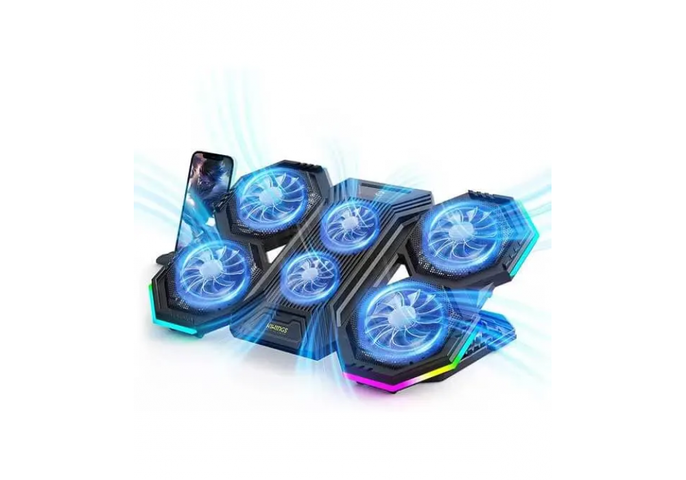 F12 Dazzle Mute Super Cyclone RGB Laptop Cooling Pad, Gaming Laptop Cooling Stand With Dual USB, Six Height-Adjustable Fans, Extra iPad/Phone Stand For 11 to 16" Laptops