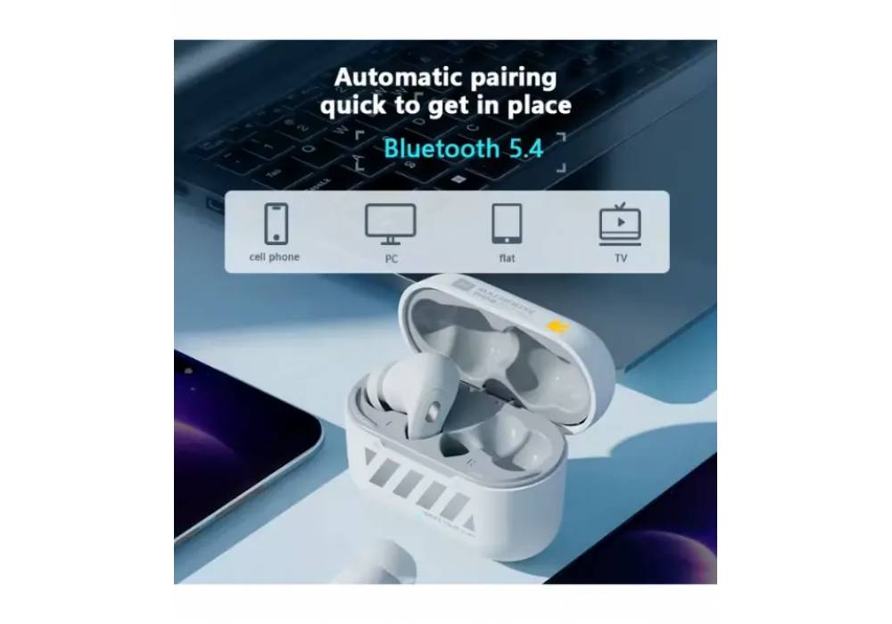 Machenike TH50 Wireless Earphones – Bluetooth 5.3, ANC AI Noise Reduction, IPX5, Low Latency, In-Ear Gaming & Sports Headset with Charging Case White