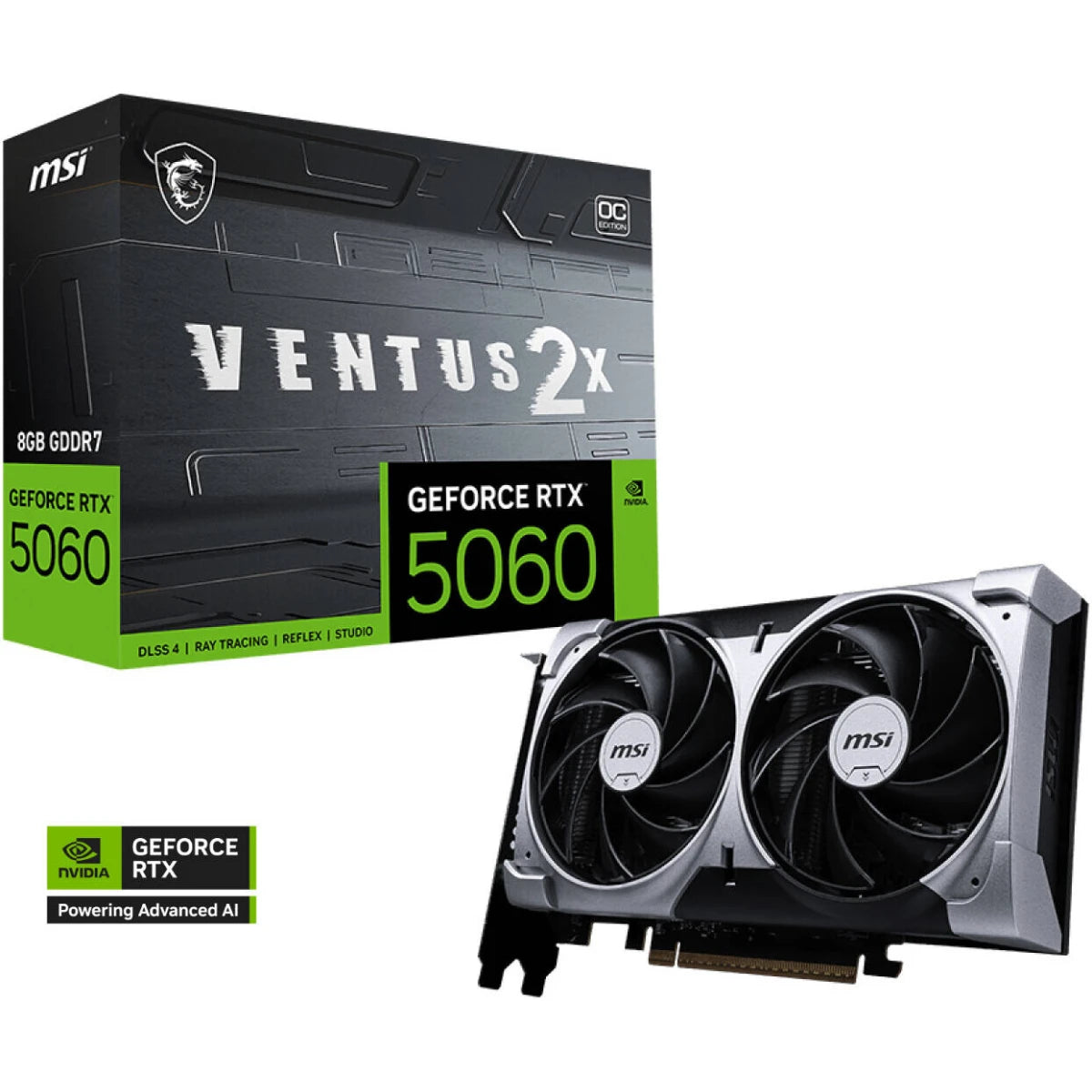 MSI GeForce RTX 5060 VENTUS 2X OC 8GB GDDR7 128-Bit Memory, 2527 MHz Boost Clock, 28 Gbps Memory Speed, 3840 CUDA Cores, PCI Express Gen 5 x16