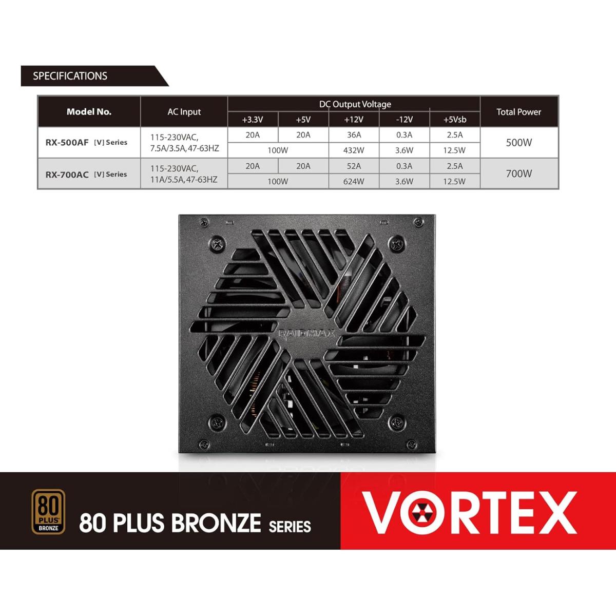 Raidmax Vortex 700w 80+ Bronze Atx Continuous Power With 120mm Quiet Fan Aive Pfc Power Supply , Black Raidmax Vortex 700w 80+ Bronze Atx Continuous Power With 120mm Quiet Fan Aive Pfc Power Supply , Black