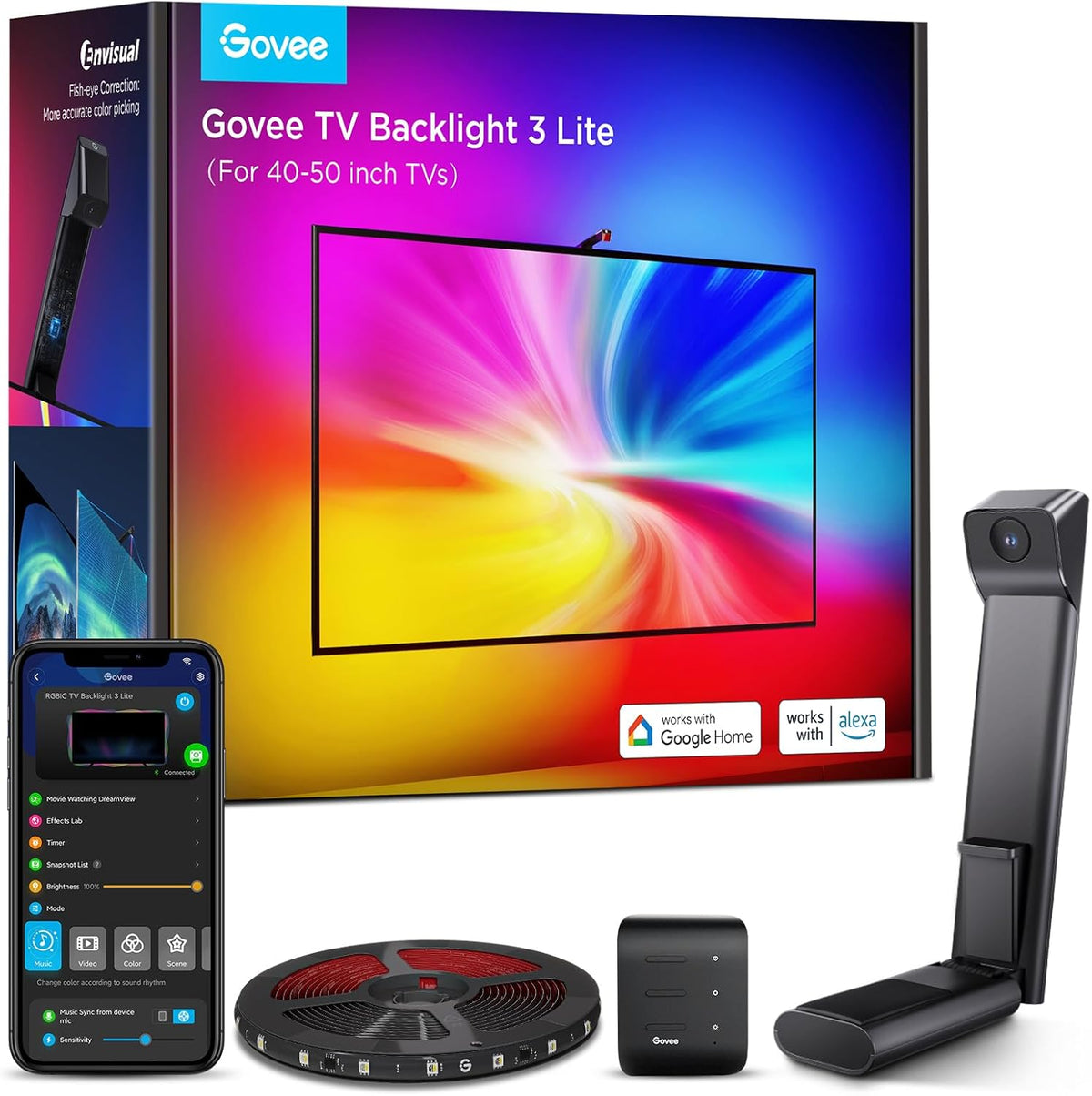 TV Backlight 3 Lite with Fish-Eye Correction Function Sync to 40-50 Inch TVs, 7.8ft RGBICW Wi-Fi LED Strip Lights with Camera, 4 Colors in 1 Lamp Bead, Voice and APP Control, Adapter