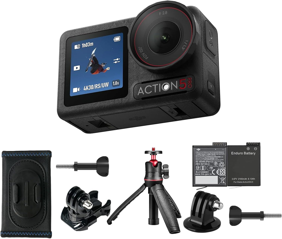 Osmo Action 5 Pro Hiking Combo, Waterproof Action Camera with 1/1.3" Sensor, 4K/120fps Video, Subject Tracking, Stabilization, 8h Extended Battery Life with 2 Batteries, Hiking Accessories