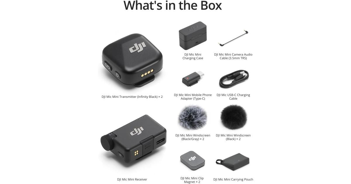 DJI Mic Mini (2 TX + 1 RX + Charging Case) Wireless Lavalier Microphone, Ultralight, Noise Cancelling, Up to 48-Hour Battery Life Bundle with 2 x Deco Gear Lapel Microphone and 5" EVA Case