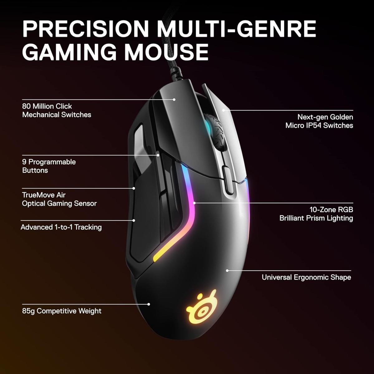 SteelSeries IP54 RGB wired gaming mouse for computer setup