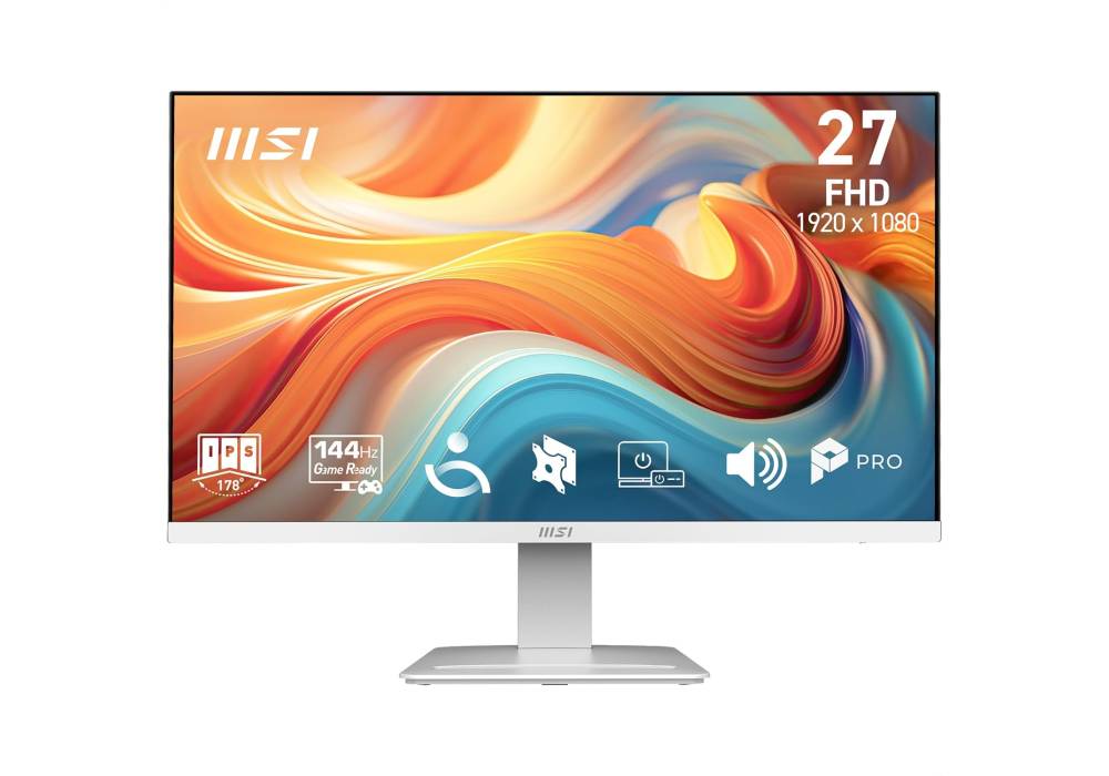 MSI PRO MP273W E14A 27" FHD Computer Monitor, 1920x1080 IPS, 144Hz, 1ms, HDR Ready, Adaptive-sync, Eye Care, Built-in Speaker, HDMI 2.0, DP 1.2a, Frameless, Tilt Adjustable, Vesa Mount, White