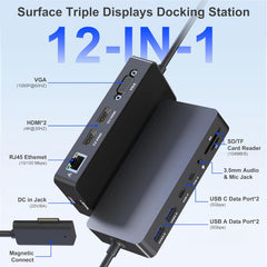 Surface Docking Station, Triple Display Dual 4K HDMI & VGA, 12-in-1 Surface Pro Dock for Microsoft Surface Pro 11/10/9/8/7/6/5/4/3, Surface Laptop 7/6/5/4, Surface Go/Book/Laptop Go