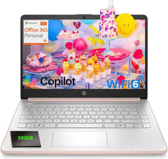 Pavilion Laptop 2026 Notebook for Students & Remote Work, Intel N150, 16GB RAM, 128GB Storage, 500GB External HDD, Lightweight, Long Battery Life, Wi-Fi 6, 1 Year Office 365, Win 11 Home S, Pink