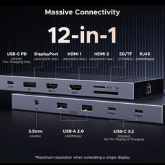 12 in 1 Triple 4K Docking Station with 2 HDMI, DP, 2x10G USB C, 2×USB-A2.0, 100W PD, SD/TF, 1000Mbps Ethernet, 3.5MM Audio, Revodok Pro USBC Hub Multiple Adapter for DELL, HP and More