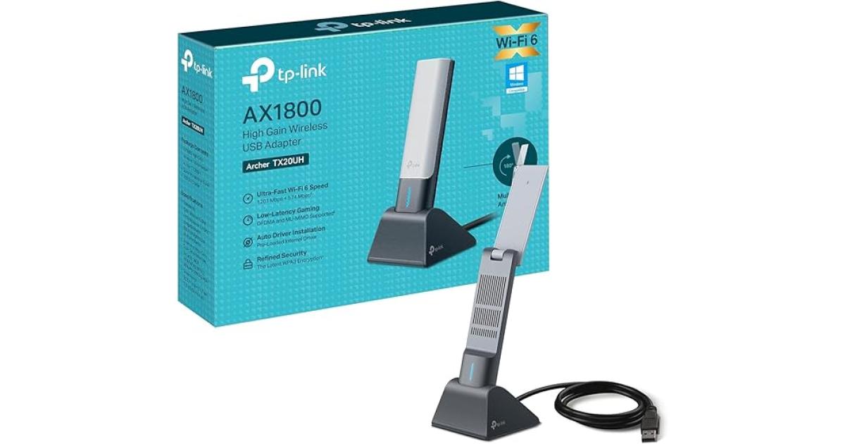 TP-Link Wi-Fi 6 AX1800 High Gain Dual-Band Wireless USB Adapter, Wi-Fi dongle,1.2-meter USB 3.0 cable, Low-Latency Gaming, Supports Windows 10/11, WPA3, Easy Installation (Archer TX20UH)