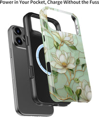 DEENAKIN for iPhone 17 Pro Max Case Cute - Wireless Charging Compatible - Dual-Layer Soft Silicone + Hard Shell - Stylish Wildflower Design - Chic Phone Cover for Women - Vintage Magnolia Flowers